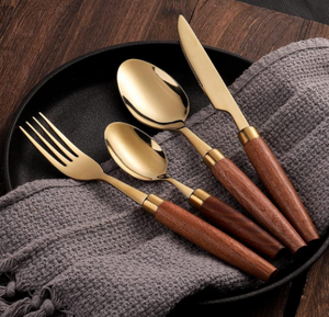 Couverts plaqués or avec manche en bois Couverts décoratifs Couverts durables Accueil Hôtel Restaurant Cuillères - Product Image 2