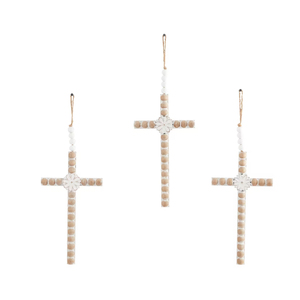 Modern Designed <b>Light</b> Brown Wood Carved Beaded Crosses Biblical Wall Decor with <b>Rope</b> Hanger Set of 3 Bulk Supplies - Product Image 1