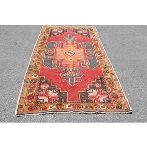 Vintage Turkish <b>Wool</b> Large Area Rug 4.4 X 9.4ft <b>Red</b> Orange Patchwork Design Latex Backing 10mm Thickness for Hallway Room Decor - Product Image 1
