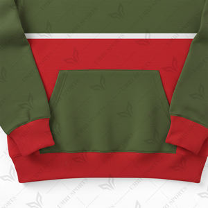 Sweat-shirt à capuche personnalisé avec logo, en polaire douce, à empiècements contrastants rouge vif et vert olive, style streetwear décontracté pour l'hiver - Product Image 4