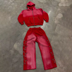 ชุดวอร์มสองชิ้นมีฮู้ดและกางเกงวอร์มประดับพลอยเทียมแบบกำหนดเองทรงหลวมสีสดใส - Product Image 3