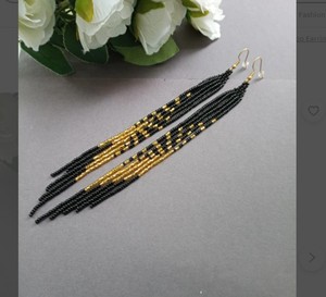 Boucles d'oreilles artisanales magiques à perles, boucles d'oreilles longues noir et or, boucles d'oreilles extra longues, boucles d'oreilles à franges, boucles d'oreilles bohèmes - Product Image 2