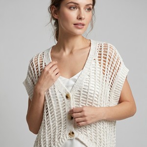 Cardigan senza maniche in maglia traforata con bottoni, 65% cotone, taglia unica (taglie 36–44) - Product Image 3