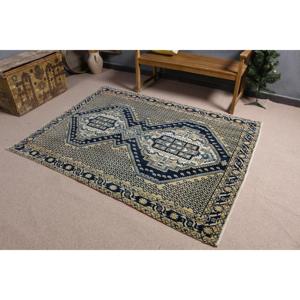 Alfombra Turca de 5x6.6 pies, Alfombra de Lana a Rayas Azules Vintage - Product Image 2