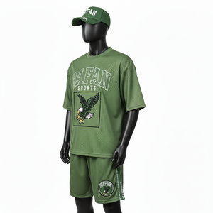 Ensemble de sport pour homme en maille respirante, tissu polyester GSM premium, vert olive, panneau latéral avec logo thermocollé. - Product Image 5