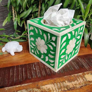 Nouvelle boîte à mouchoirs antique en os incrusté, motif floral noir - Product Image 2