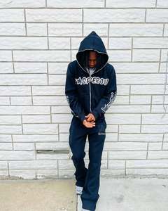 Activewear Trajes de sudor lavados con ácido Unisex Cremallera Sudaderas con capucha Conjunto de chándal Lavado con ácido Parche de socorro Pantalones de chándal acampanados y conjunto de Sudadera con capucha - Product Image 6