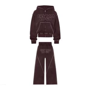 Chándal desgastado con diamantes de imitación, ropa de calle de fabricante personalizado, conjunto con cremallera y diamantes de imitación, chándal para hombre lavado con ácido - Product Image 4