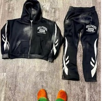 Trajes de sudor de lavado ácido, ropa de calle urbana de algodón para hombres, conjunto de otoño, apliques con cremallera gruesa, parche bordado, chándales completos acampanados