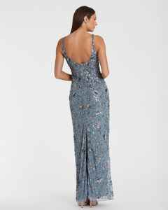 Robe de soirée de mariage de cocktail longue en A-line grise à fleurs sans manches avec col rond et perles de sequins 100% polyester - Product Image 3