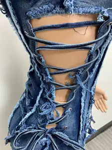 GX5105 חדש הגעה קיץ ייחודי אלגנטי סקסי ג 'ינס שמלה ללא שרוולים ציצית Ripped צד חלול החוצה טוב נמתח ינס שמלות