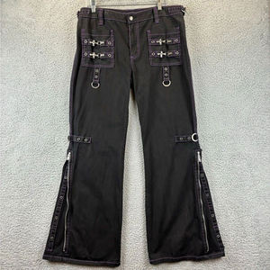 Pantalones Negros Góticos con Costuras Moradas, Al Por Mayor, 100% Algodón, Estilo Punk Emo, con Cremallera y Tachuelas - Product Image 1
