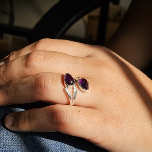 <b>Adjustable</b> <b>Silver</b> <b>Ring</b> with Amethyst Drop Unisex Best Gift for Christmas Wedding Engagement or Party Purple Cabochon <b>Ring</b> - Product Image 3