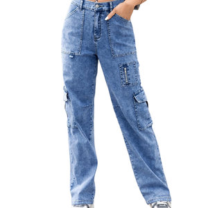 กางเกงคาร์โก้เอวสูงสำหรับผู้หญิงกางเกงคาร์โก้เอวสูงผ้าคอตตอนสำหรับผู้หญิงมีหลายกระเป๋า100% เครื่องแต่งกายแนวสตรีททันสมัย - Product Image 1