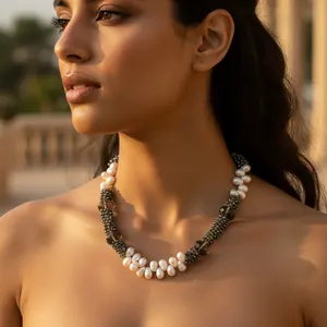 Chaîne en or tendance avec perles et diamants en rhodium pour cadeau de mariage pour femme - Nouveau modèle - Product Image 2