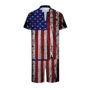 Ensemble deux pièces décontracté sportif pour homme, chemise à col montant unie personnalisée pour l'été, manches courtes, short, coton-polyester - Product Image 2