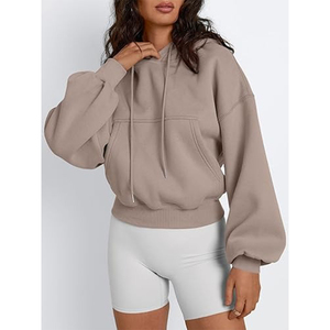 Sweat court pour femme avec garnitures côtelées sur la manchette col rabattu manches longues cordon pull à capuche haut court - Product Image 3