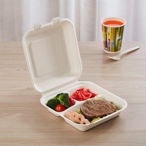 "Bagasse Jetable 8x8 In. Clamshell (Burger Box ) - 100% Vaisselle biodégradable Bio-dégradable Personnalisable au micro-ondes - Product Image 2