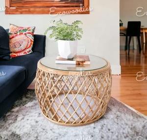 Nouveau tabouret ottoman en bambou naturel fait à la main au design élégant et écologique Table d'appoint ottoman Console incrustée d'os - Product Image 3