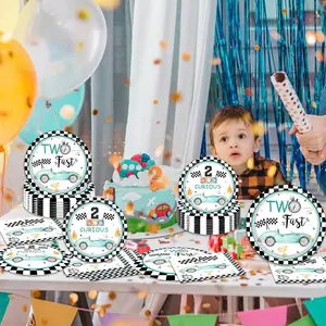 Deux assiettes de fête d'<span class=keywords><strong>anniversaire</strong></span> rapides, motif de voiture de course, vaisselle jetable en papier, bleu, noir, blanc, fournitures de fête, décoration de <span class=keywords><strong>table</strong></span> - Product Image 6