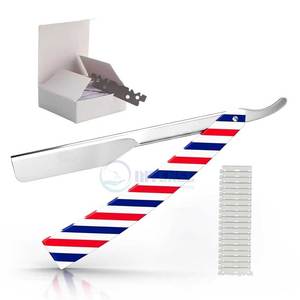 Kit de maquinilla de afeitar de peluquero de borde recto para hombres profesionales con 10 cuchillas gemelas desechables de acero inoxidable - Product Image 1