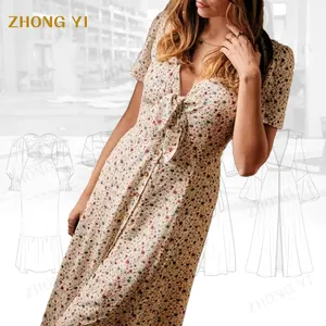 Floral Ladies Summer Dress Factory Wholesale V-Neck Ruffle Short Sleeve Midi Dress Loose Casual Style Suitable for Work