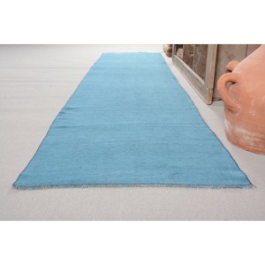 Alfombra turca Vintage moderna, diseño de retales azules de 2,6x11,8 pies, Material de lana, respaldo de látex, pasillo rectangular de felpa para vivir - Product Image 3