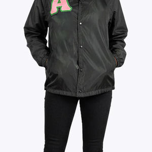 Stylish Black Windbreaker <b>Jacket</b> with Pink Green Letter A Patch <b>Lightweight</b> Casual Outerwear for <b>Women</b> Streetwear - Product Image 6