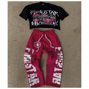 Conjunto de algodón de gran tamaño personalizado DTG estampado ácido lavado Flare pantalones de chándal camiseta conjunto para hombres - Product Image 4