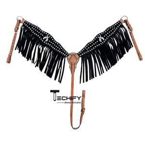 Qualité supérieure en cuir noir Western corde licou cheval Tack ensemble Headstall bride frange poitrine collier plaque écologique pour - Product Image 1