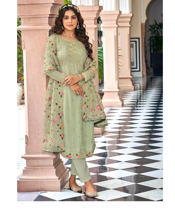 최신 패션 숙녀 Shalwar Kameez 정장 수 놓은 organza Dupatta 바지 Unstitched 정장 Salwar Kameez 정장