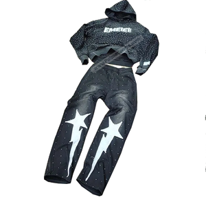 Custom 100% Cotton <b>Lightweight</b> Hooded Tracksuit Unisex Plus Size Fleece with Rhinestone Breathable Winter Set with Custom Logo - Product Image 1