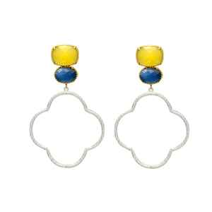 Pendientes colgantes de cuatro hojas en tono plateado con piedras preciosas Monalisa azules y amarillas para mujeres y niñas, recién llegados - Product Image 1