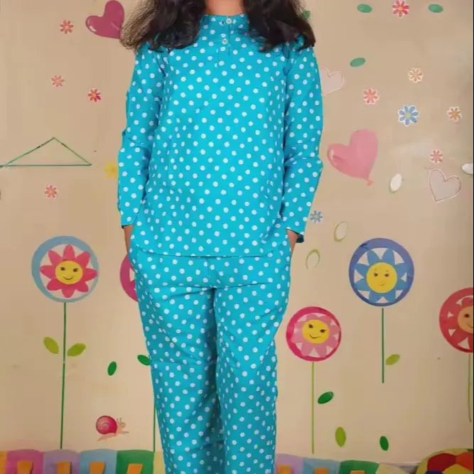 Wholesale Soft 100%Cotton Lounge Wear Set Children Girls Sleepwear Custom Logo Kids Pajama Blue Polka Dot Kids Night Suit