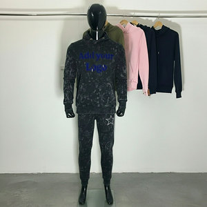Sweat à capuche à manches longues en molleton thermique d'hiver 100% coton délavé à l'acide, pantalon de jogging à jambe évasée, pierres de Rhin sur le devant, style formel - Product Image 1