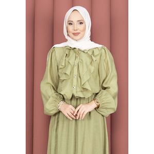 Casual Muslim Outfit Set Ruffled Long Sleeve Olive Green Skirt Print Pattern Breathable Prairie Chic Modal Fabric Adult Women's - Product Image 2