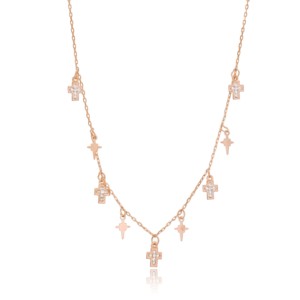 <b>Cross</b> and North Star Design Clear Zircon Stone Charm Necklace Turkish Handmade 925 Sterling Silver Wedding Gift Women's Jewelry - Product Image 1