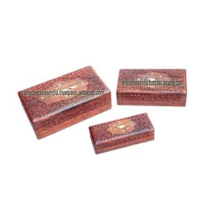 Incrustation en laiton d'éléphant et conception sculptée boîte à bijoux en bois organisateur de bijoux de forme rectangulaire - Product Image 1