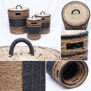 Natural Banana Bark Recycled <b>Plastic</b> <b>Basket</b> Set Black Stripe Laundry Hamper With Lid Clothes Bin Setup Pure Art Room Decor Craft - Product Image 2