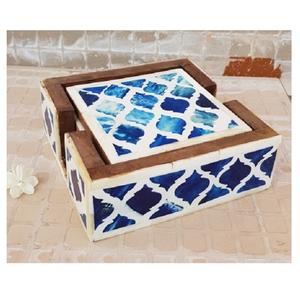 Elegant <b>Light</b> Blue Bone Inlay <b>Tea</b> <b>Light</b> Candle Stand Wood Holder Coaster for Home Decoration with Unique <b>Lantern</b> Design Stone - Product Image 4