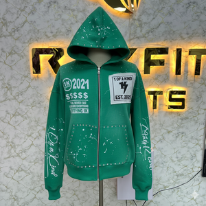 Sweat à capuche en molleton pour homme, style streetwear, avec fermeture éclair, effet délavé à l'acide, personnalisable avec votre logo, orné de strass - Product Image 3