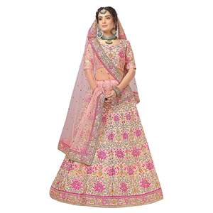 ชุดเลเฮนกาโชลีเจ้าสาวคอวี ผ้าไหมผสม ปักลายหนัก แบบกึ่งสำเร็จรูป ยี่ห้อ Trendmalls รุ่น A-Line พร้อมผ้าคลุมไหล่เน็ต สีธรรมชาติ - Product Image 1