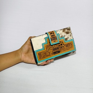 Wholesale High Quality Hand Tooled Cowhide Leather Short Anti-Theft Button Closure <b>Wristlet</b> Clutches Manufacturer Card Cash - Product Image 2