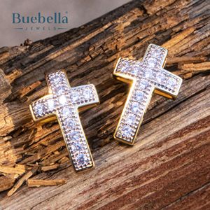 S925 plata esterlina 14K oro revestimiento Moissanite Micro Cruz Stud pendientes para hombres - Product Image 2
