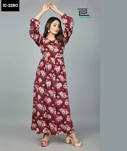 Indian Ethnic Wear Long Printed Gown with Same Matching Belt in Full sleeves Heavy Kasturi Silk Kurtis for women Casual Wear