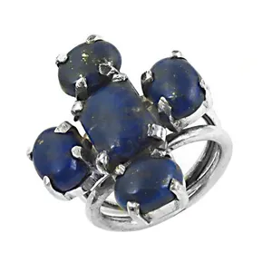 A 925 Silver <b>Lapis</b> <b>Lazuli</b> Cluster <b>Ring</b> Bohemian Style Prong Setting Geometric Design Women's Everyday Wear From Rajasthan - Product Image 1