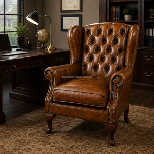 Sillón Chesterfield de Cuero Genuino con Respaldo Acolchado, Brazos Enrollados, Patas de Madera Maciza, Color Marrón, Sofá para Sala de Estar - Product Image 5