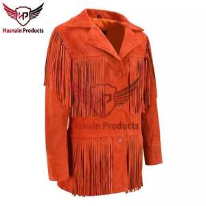 Womens Real Rust Suede Leather <b>Jacket</b> Fringe Tassels Lapel Sheepskin Orange <b>Western</b> Cowgirl Coat Custom Winter Outerwear - Product Image 2