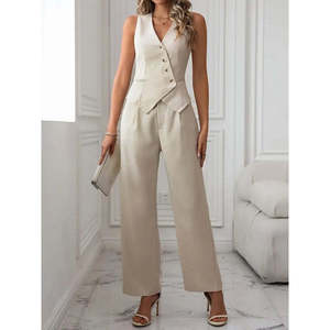 Ensemble deux pièces pour femmes, veste sans manches à col en V croisé et pantalon en satin boutonné sur le devant, 37410 - Beige - Product Image 2