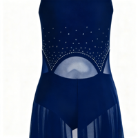 Neues Dunkelblaues Ärmelloses Latein-Tanzkleid-Set für Erwachsene Bühnenauftritt Lyrisches Chiffon-Spitzen-Quasten-Empire-Taille-Ballkleid